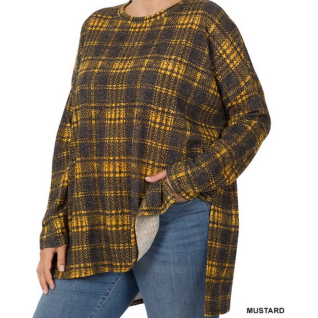 Nwot Zenana Mustard And Navy Plaid Tunic Top